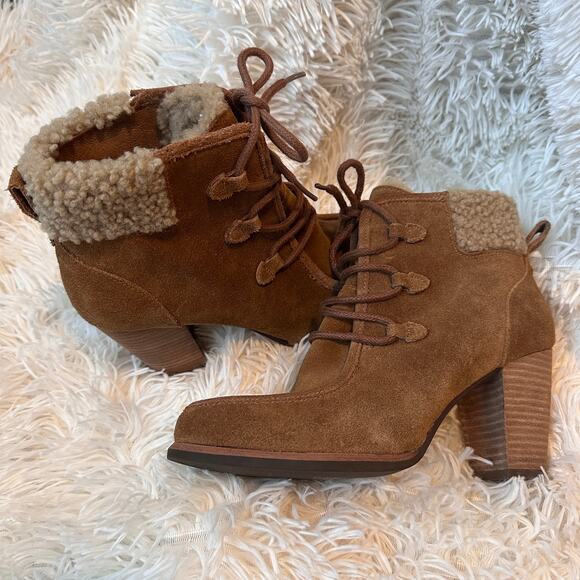 Ugg Annalise Chestnut Lace Up Suede and Sheepskin Heeled Booties Size 6 - Picture 13 of 13
